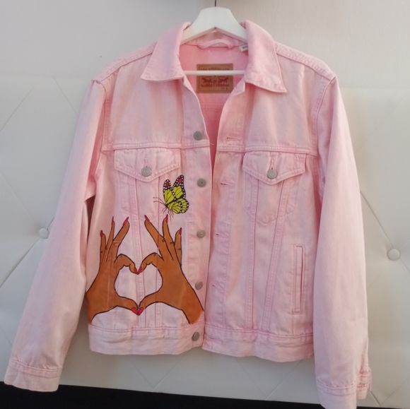 Denim Jacket Hand Painted Levis S Pink New - Picture 2 of 14